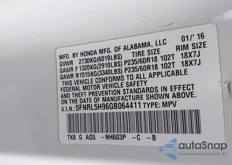 2016 Honda Odyssey Touring/Touring Elite z USA, uszkodzony, nr VIN 5FNRL5H96GB064411